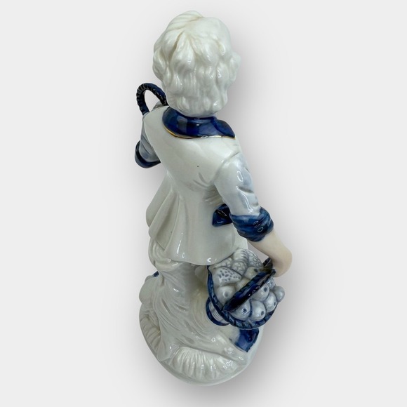 Vintage Blue White Porcelain Figurine Boy Carrying Two Fruit Baskets Gold Trim - Picture 7 of 15